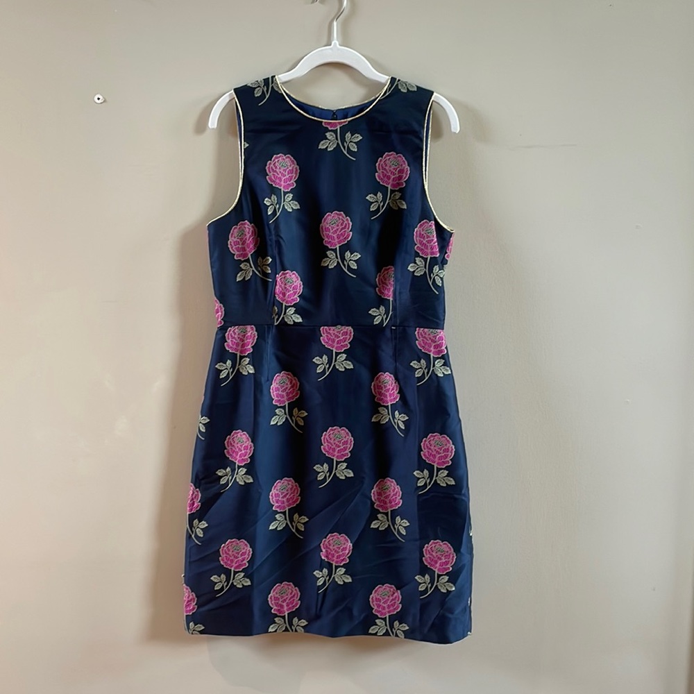 J. Crew Navy Sleeveless Sheath Dress with Pink Rose Print